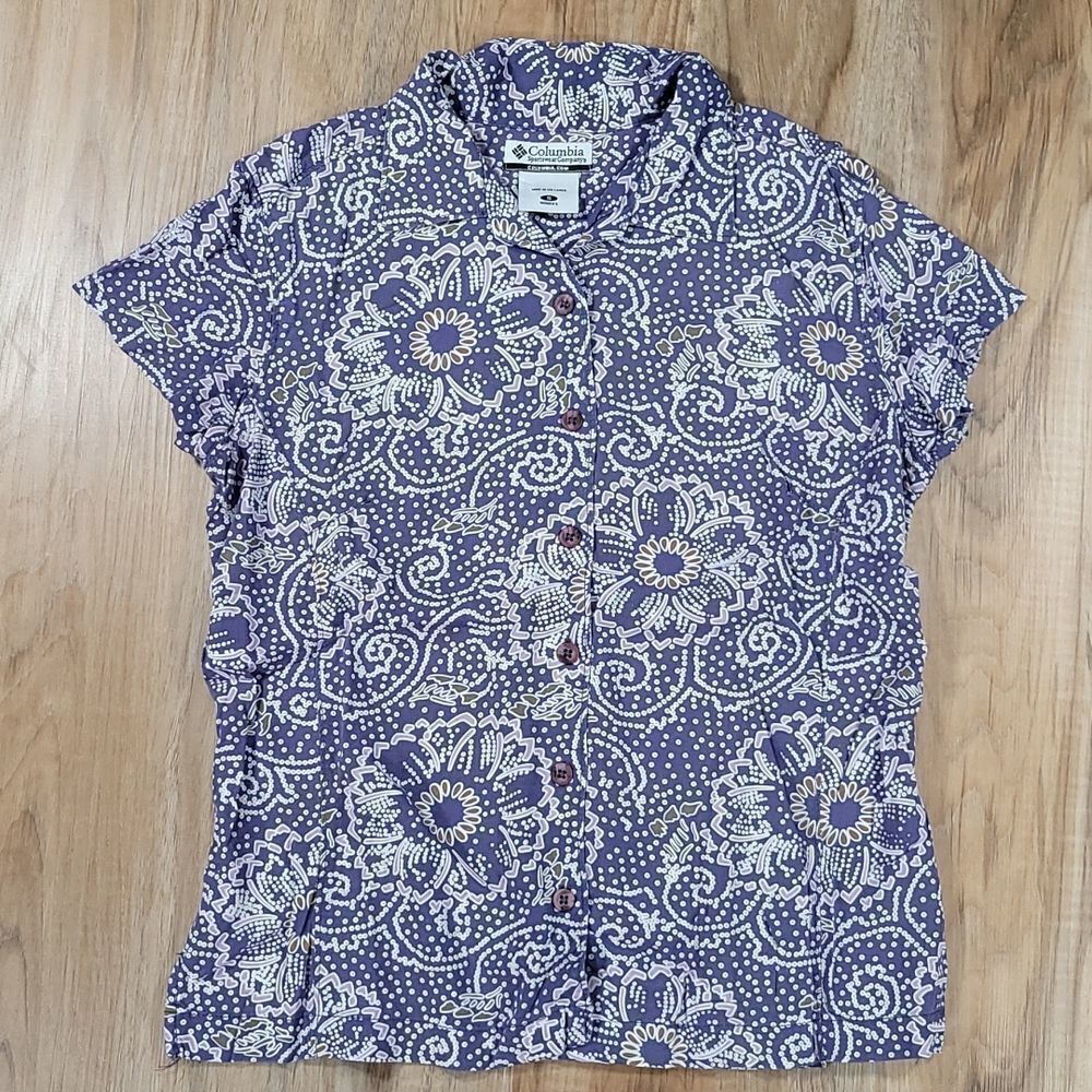 🔹️Columbia Purple Floral Linen Blend Button Short Sleeve Top Small
